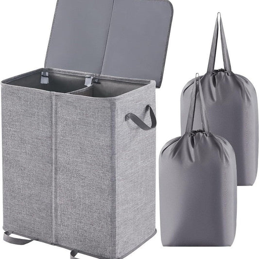 🧺✨ Cesto bucato a doppio scomparto con coperchio – Sacchetti interni rimovibili, ideale per separare biancheria e colori! 🏠💪