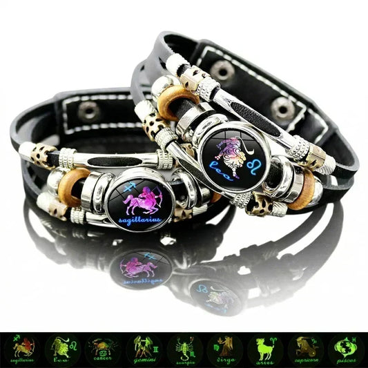 ✨ Bracelet en Cuir Phosphorescent Signe du Zodiaque — 12 Signes, Homme & Femme, 6,9 / 8,1 Pouces, Idée Cadeau 🌙