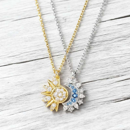 🌙☀️ -50% ! Collier Pendentif Soleil & Lune Femme Strass Premium – Symbole Harmonie Éternelle Amour, Strass Bleus Transparents Scintillement Éblouissant, Placage Bicolore Or & Argent · Couple & Amies ✨