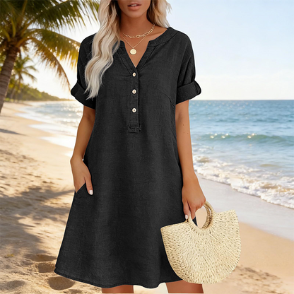 🍂🌸 OFFRE LIMITÉE 56% DE RÉDUCTION! Robe Tunique Indispensable à Col V avec Poches – Mélange de Coton Doux, Facile d’Entretien, Poches des Deux Côtés – Un Basique de Garde-Robe pour Printemps, Été et Superposition en Automne 🧥🧣