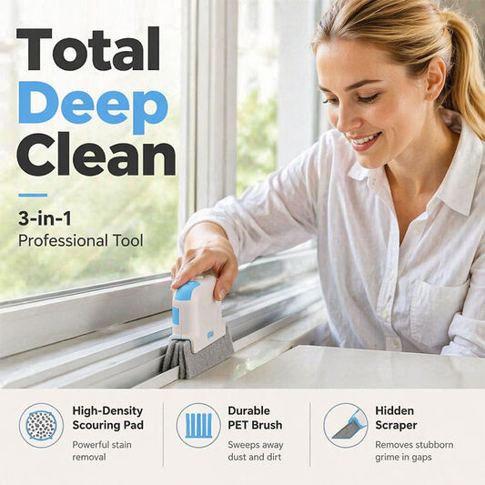 ✨ Outil de nettoyage 3-en-1 pour les rails de fenêtres avec tampon à récurer – nettoyage en profondeur des rails de fenêtres, des joints et des interstices – avec brosse, tampon à récurer et raclette – idéal pour les fenêtres, les portes et les terrasses