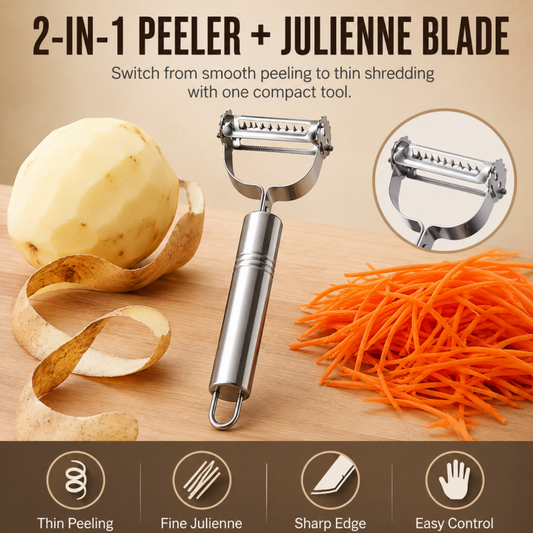 🔥50 % DE RÉDUCTION ! Éplucheur et coupe-légumes en julienne 2-en-1 en acier inoxydable – Épluchez et coupez en julienne en quelques secondes, ne rouille pas et passe au lave-vaisselle ! 🥕✨