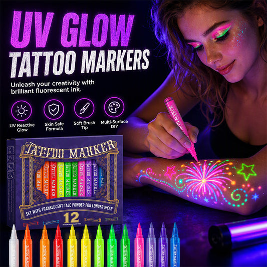50 % DE RÉDUCTION⚡PLUS DE 50 000 EXEMPLAIRES VENDUS💕Stylos tatouage phosphorescents – Sans danger, s'effacent au lavage et brillent sous la lumière noire ! ✨🇬🇧 | Parfaits pour Glastonbury, les anniversaires et bien plus encore